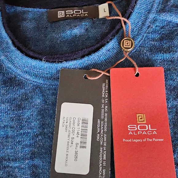 NWT SOL ALPACA PERUVIAN Men's  Sweater Blue Crew Neck- 100 % Baby Alpaca - Picture 4 of 6